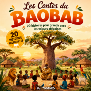 Couverture du livre Les Contes du Baobab - Tome 1, recueil de contes africains pour enfants, illustré avec un baobab et des animaux de la savane.