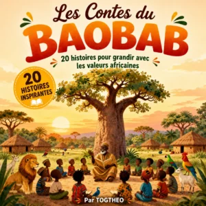 Couverture du livre Les Contes du Baobab - Tome 1, recueil de contes africains pour enfants, illustré avec un baobab et des animaux de la savane.
